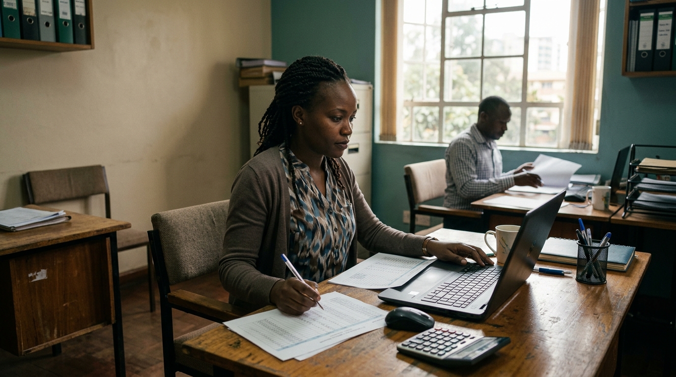 Kenyan payroll officer reviewing employee salary records on a laptop in a Nairobi office