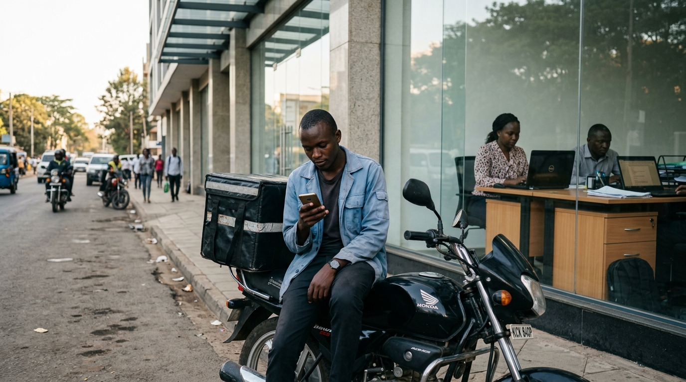 Delivery rider checking his phone outside a Nairobi office block with staff working inside