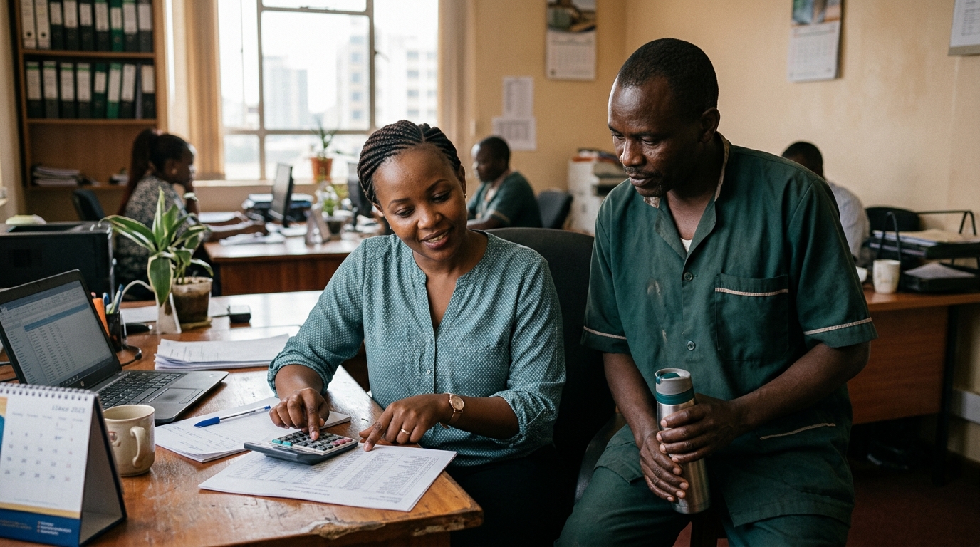 Kenyan payroll officer reviewing a wage sheet with a uniformed cleaner in a Nairobi office