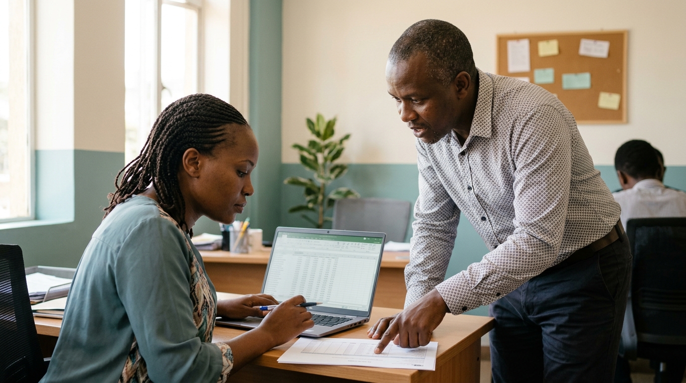 Two Kenyan colleagues reviewing a printed payroll summary and laptop in a Nairobi office