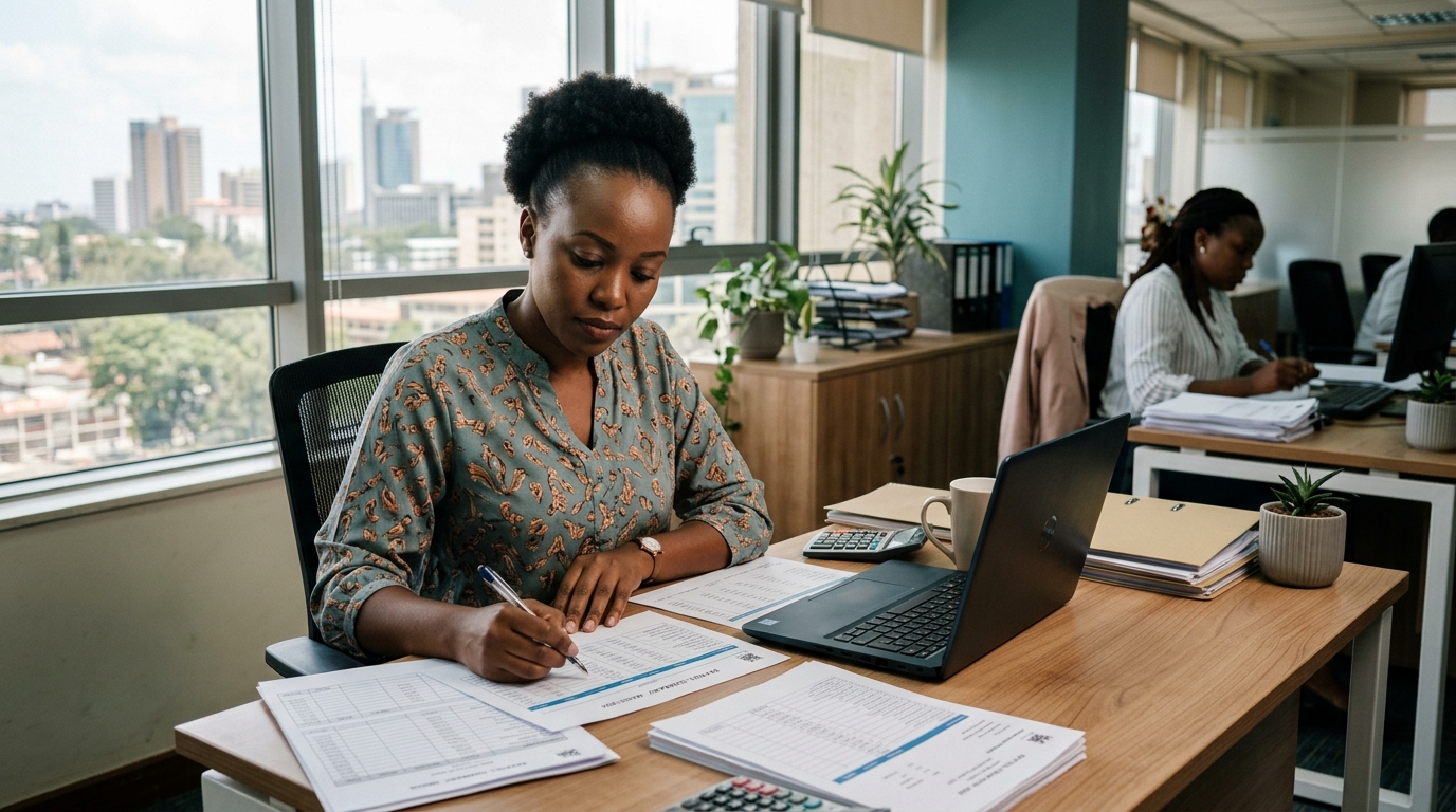 Kenyan HR professional reviewing payroll documents at an office desk