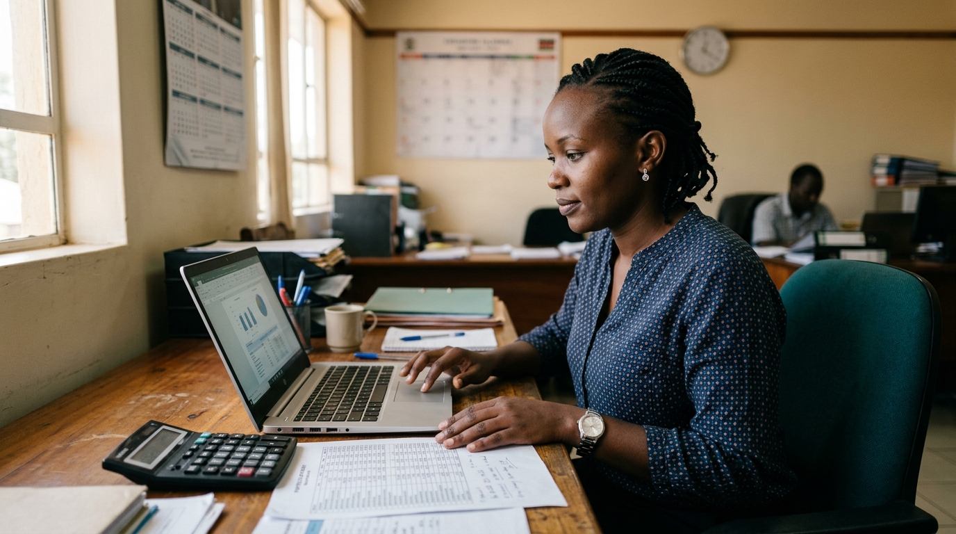 Kenyan accountant reviewing monthly payroll figures at a Nairobi office desk