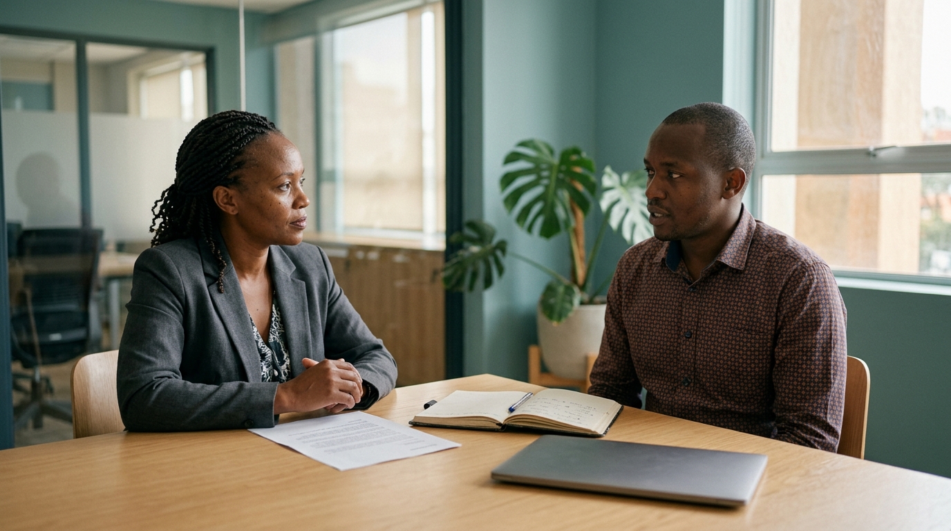 Two Kenyan colleagues discussing a termination letter across a table in a Nairobi office