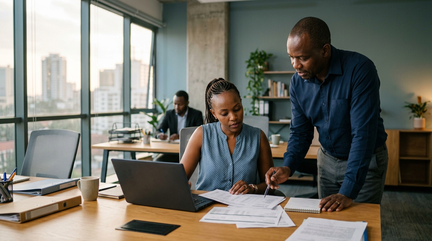 Two Kenyan professionals reviewing payroll documents and a laptop in a Nairobi office