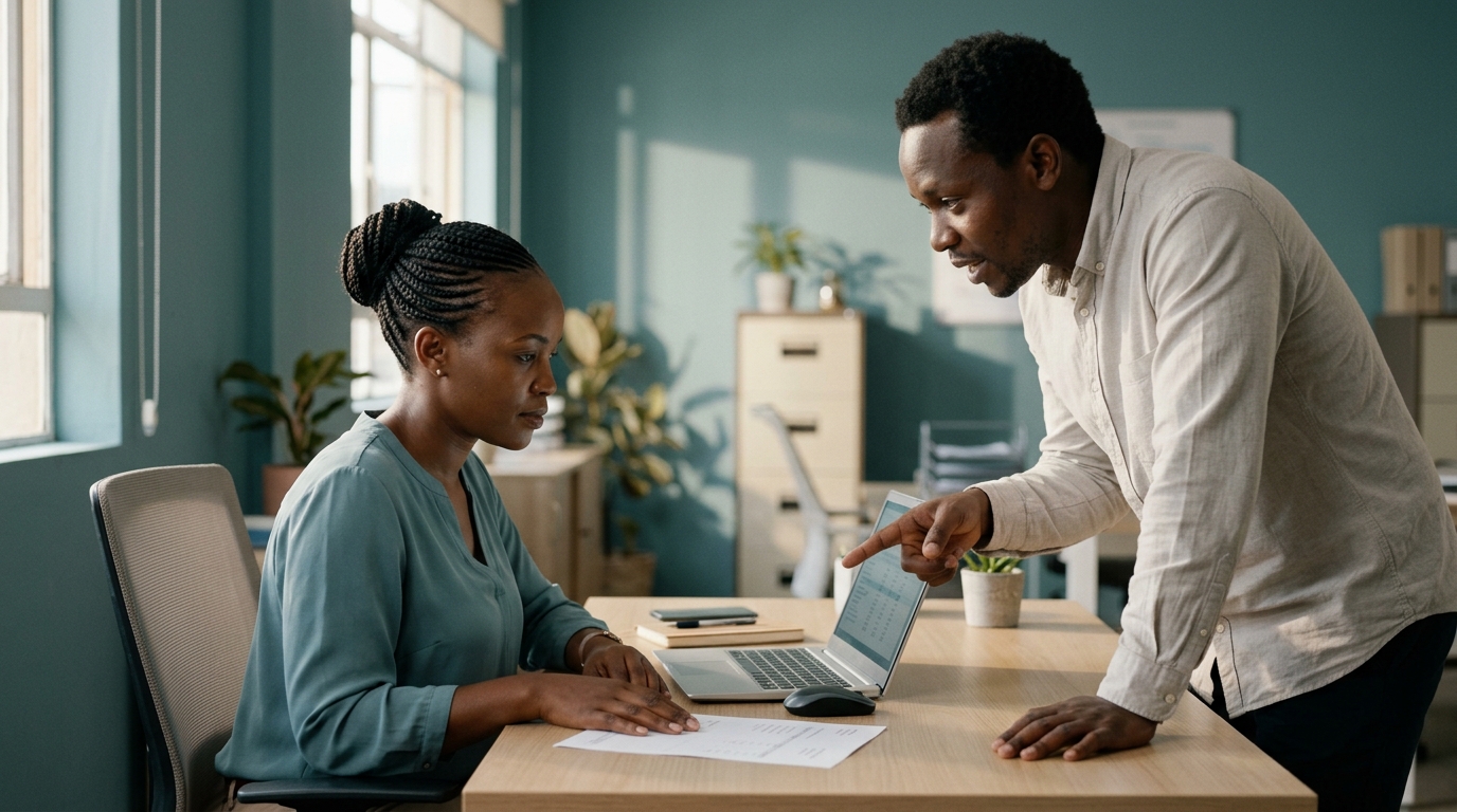 Kenyan HR officer and manager reviewing payroll deductions on a laptop in a Nairobi office